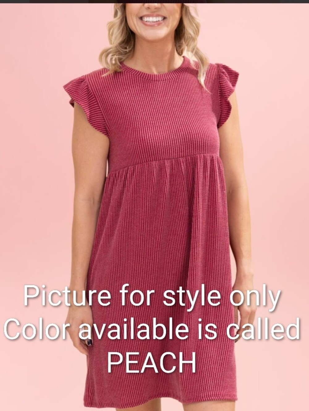 NWOT Boutique Brand Raised Rib Peach Ruffle Sleeve Short Babydoll Dress